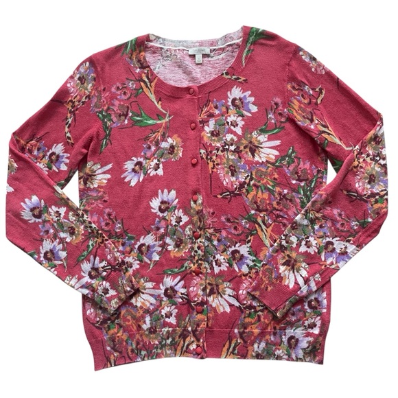 TALBOTS red orange Floral Button-Up long sleeve Cardigan cotton wool blend Sz: S - Picture 4 of 11